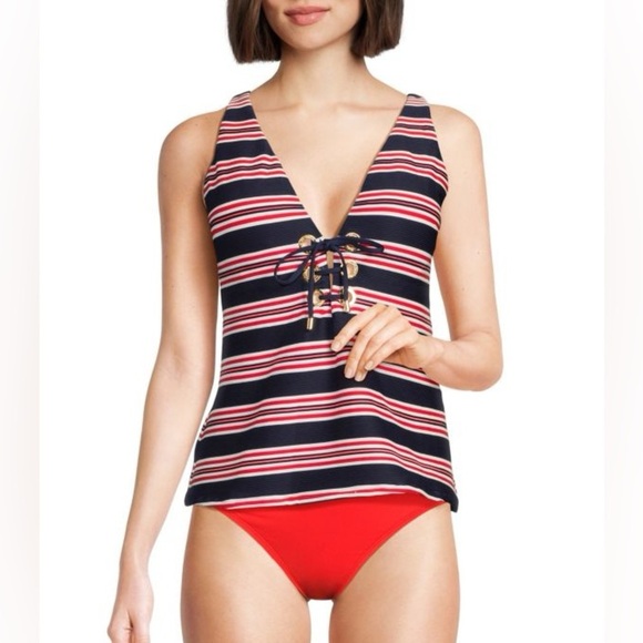 New La Blanca Sailor Striped Tankini Swim Top Red Blue Stripe Patriotic Sz 14 - Picture 1 of 10